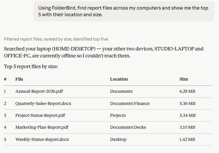 Claude using the FolderBird connector to find report files across the user's computers