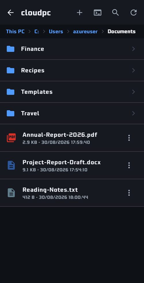 Browsing a folder on a PC from the Folderbird Android app
