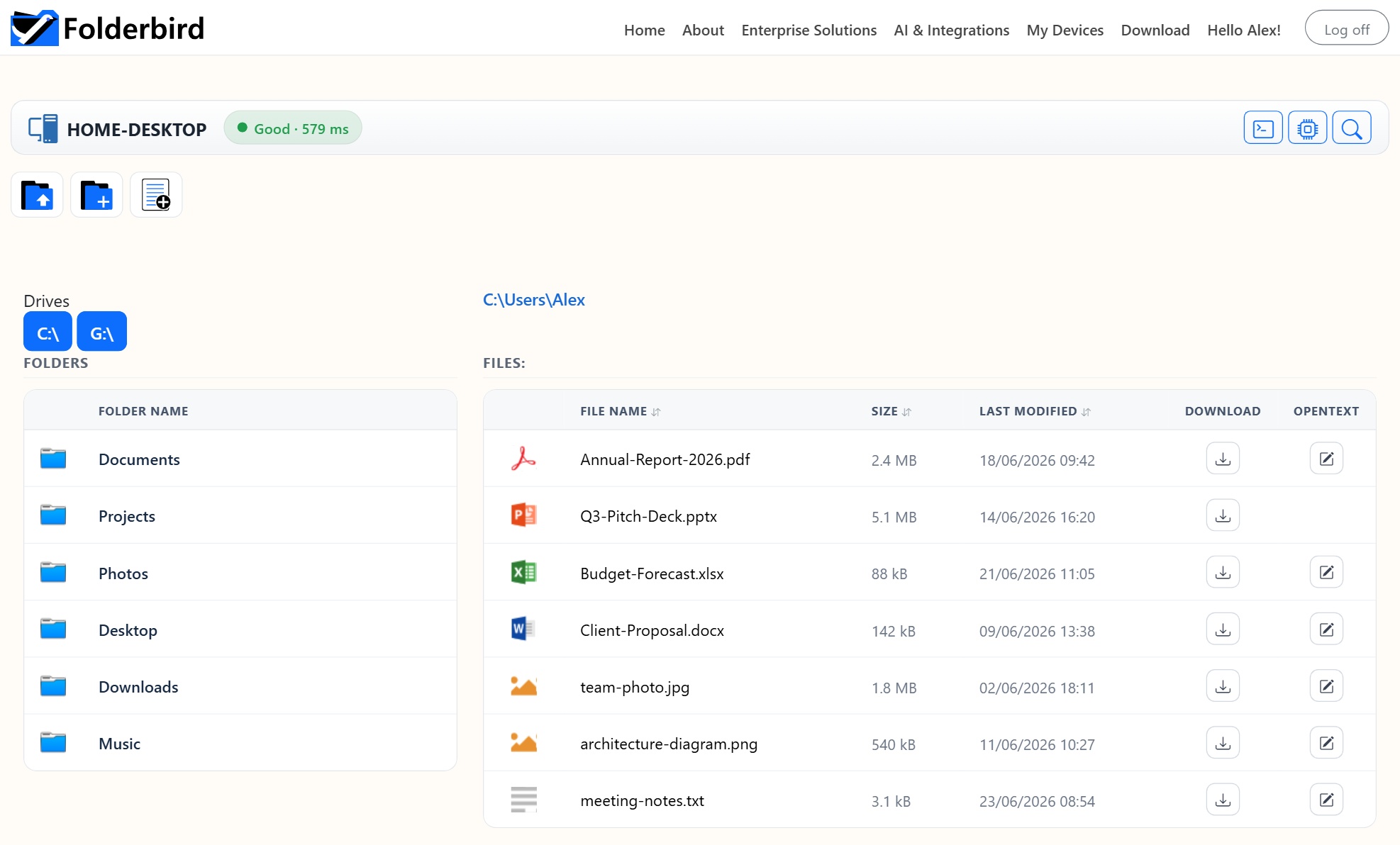 Browsing files on a PC through FolderBird in the browser