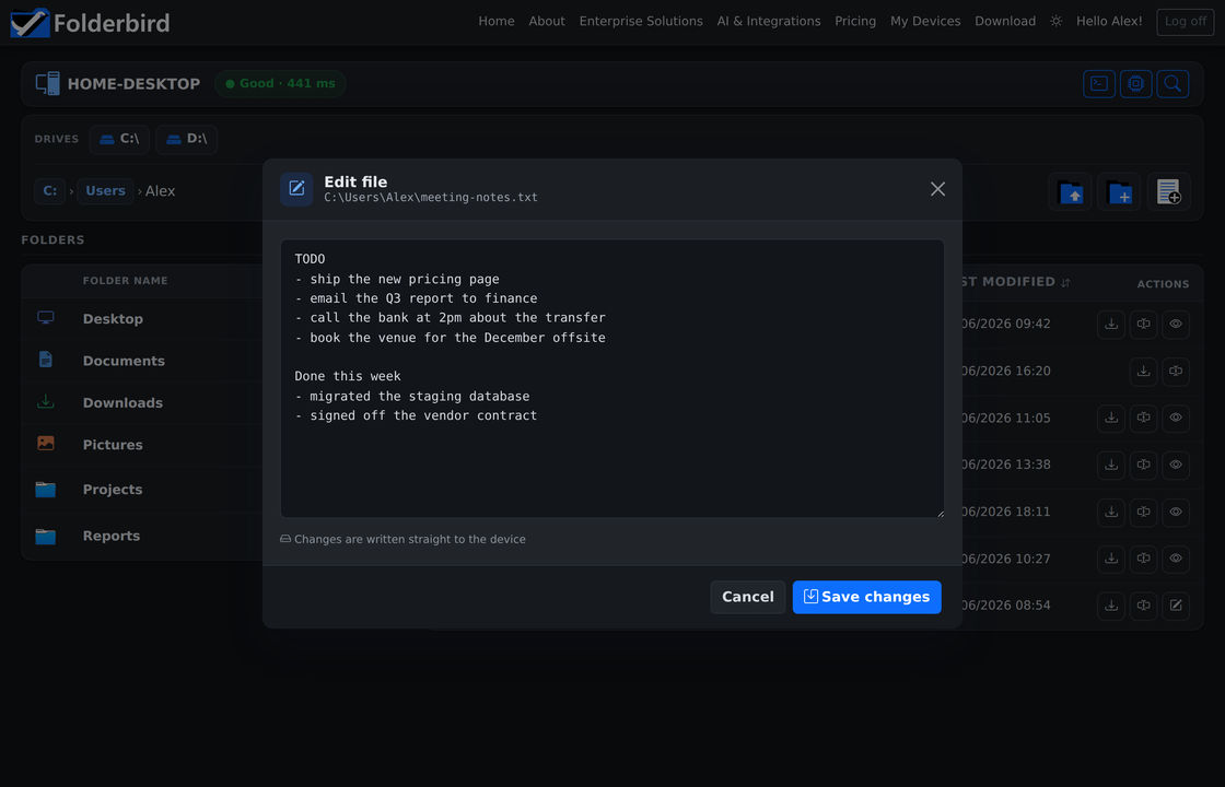 The Edit file dialog, showing a text file open for editing