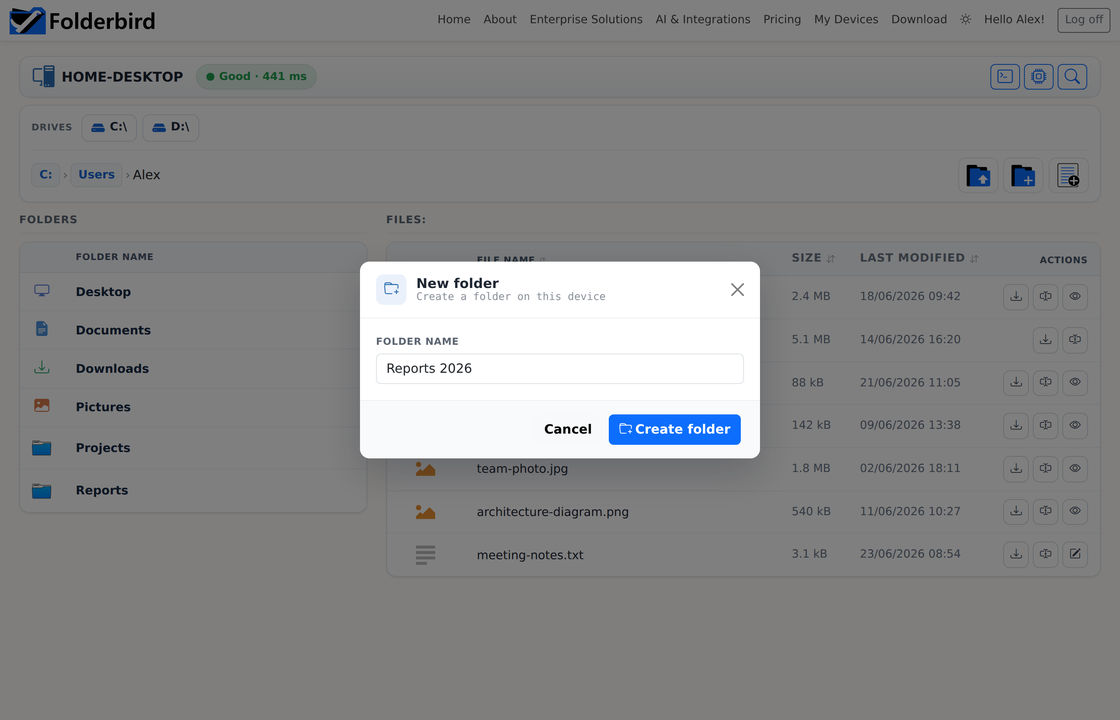 The New folder dialog, with a folder name typed in