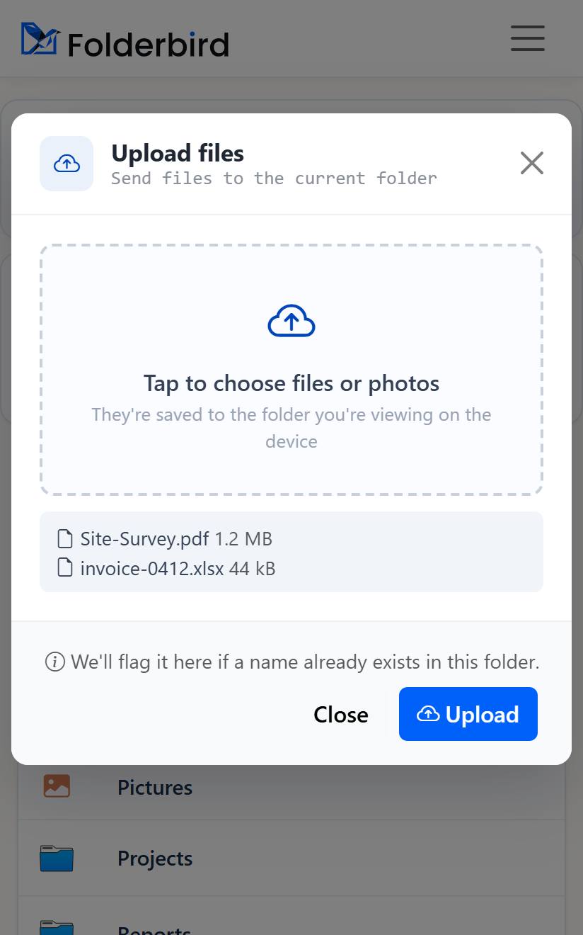 The Upload dialog on a phone