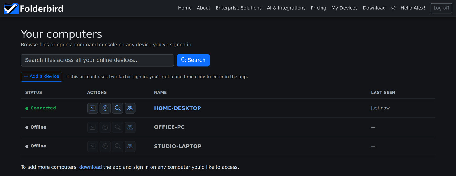 Your computers list in Folderbird with live status