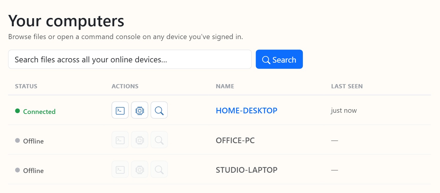 Your computers list in FolderBird with live status