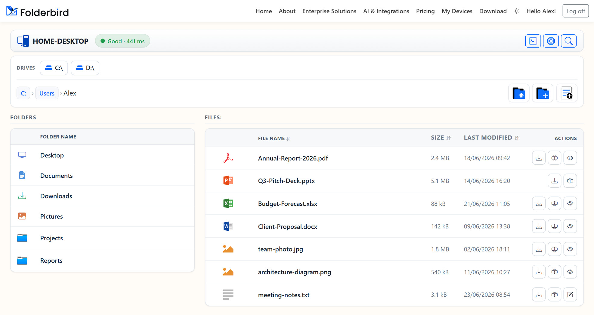 Browsing a PC's folders and files in Folderbird