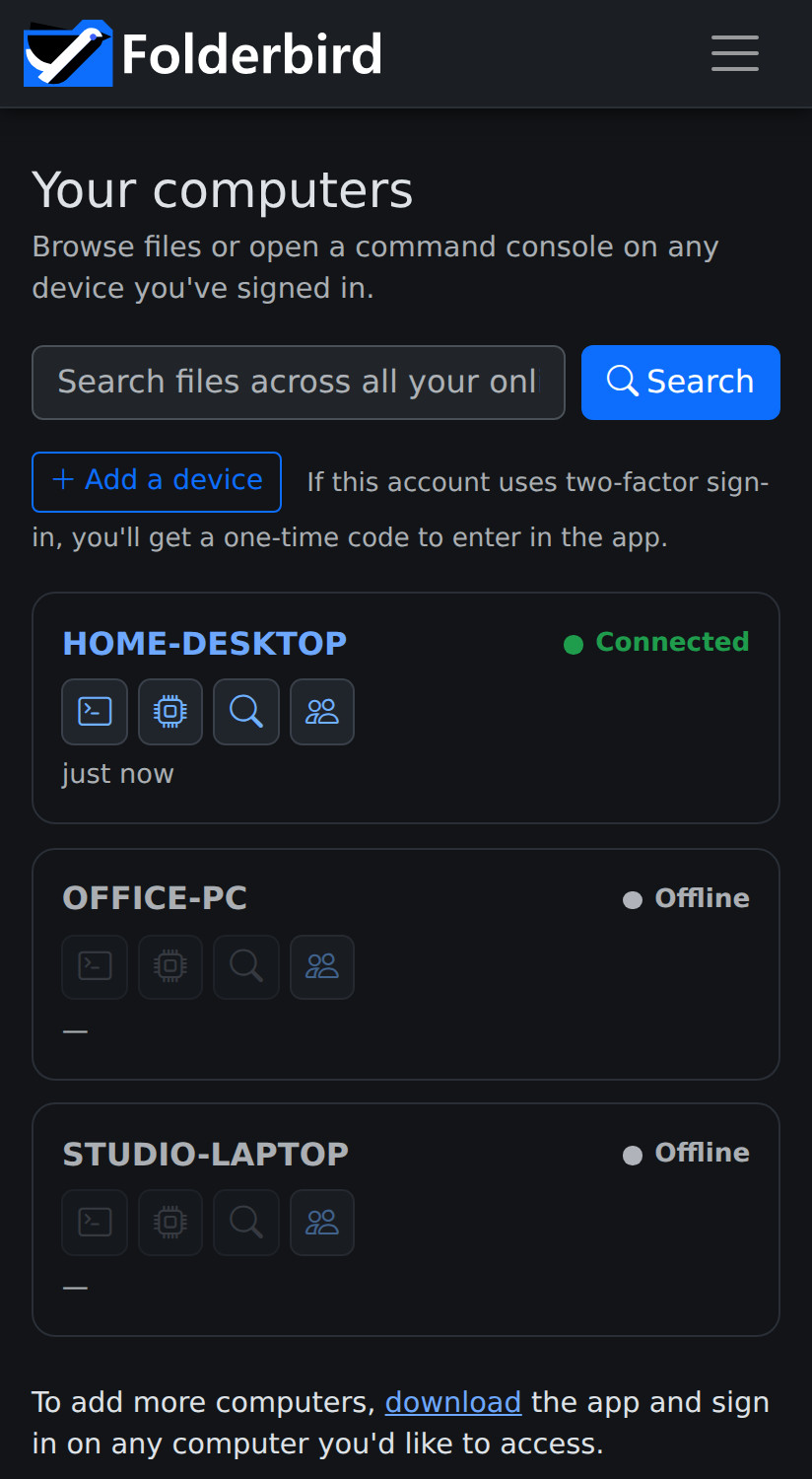 Folderbird devices list on a phone