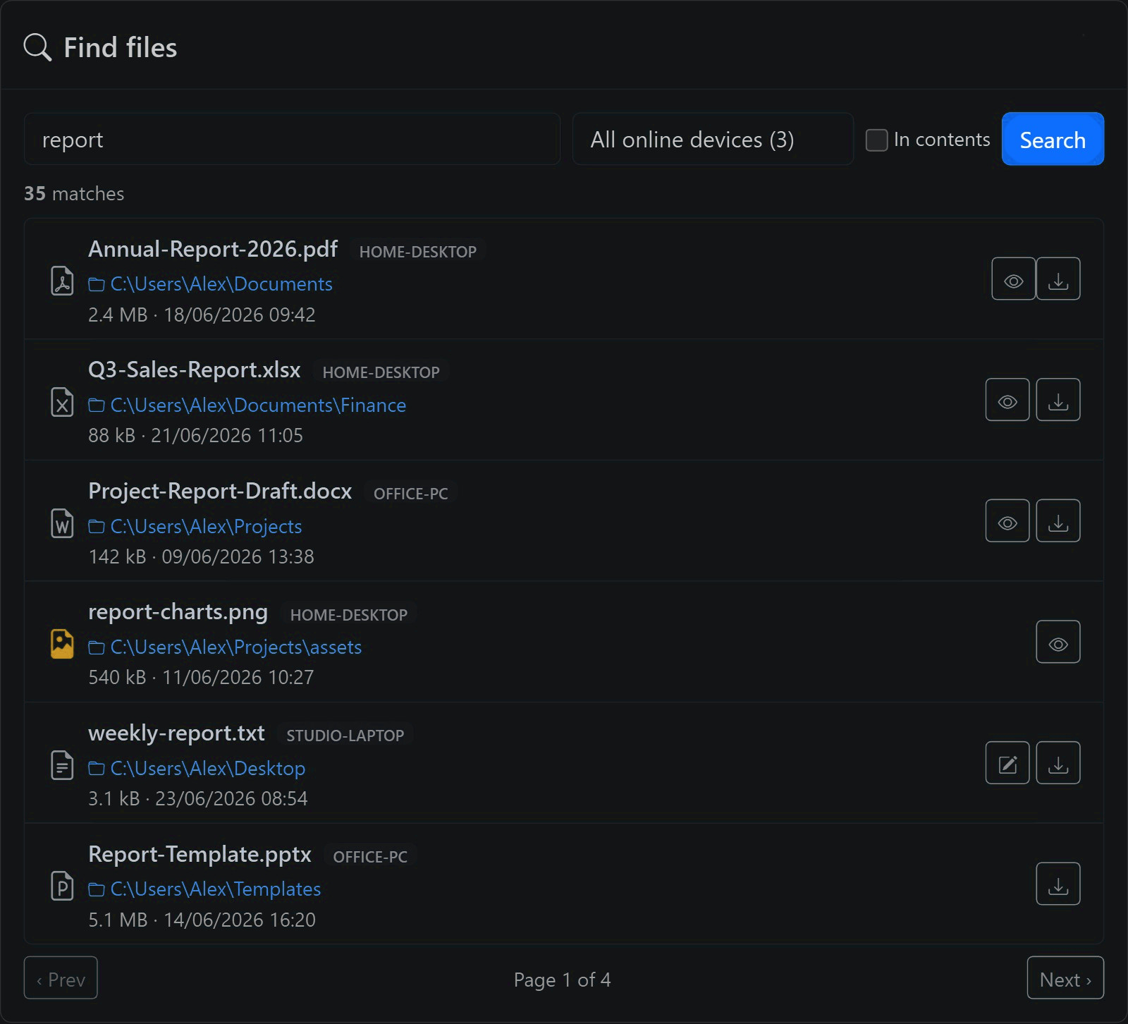 Searching files across all devices in Folderbird