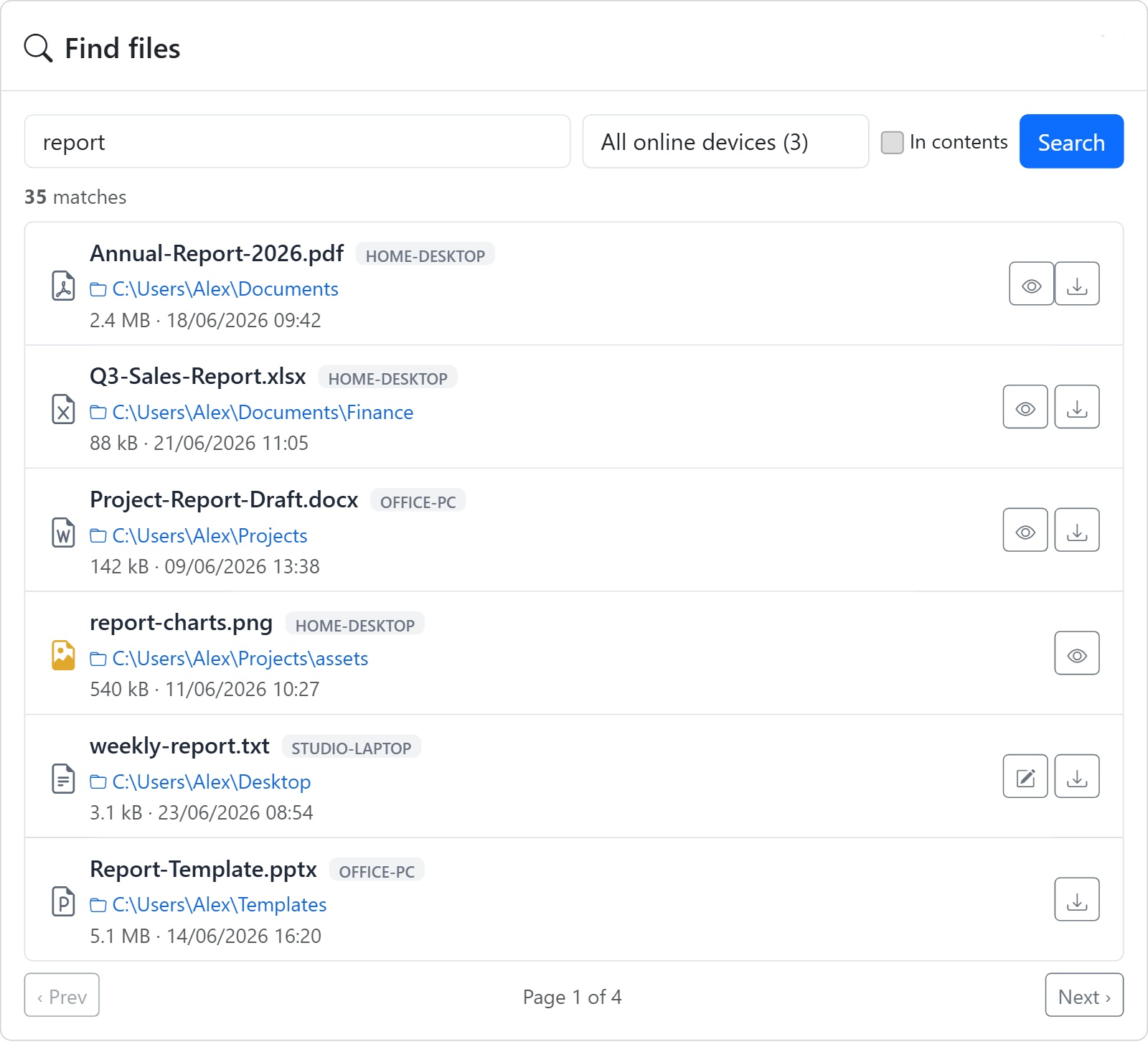 Searching files across all devices in FolderBird